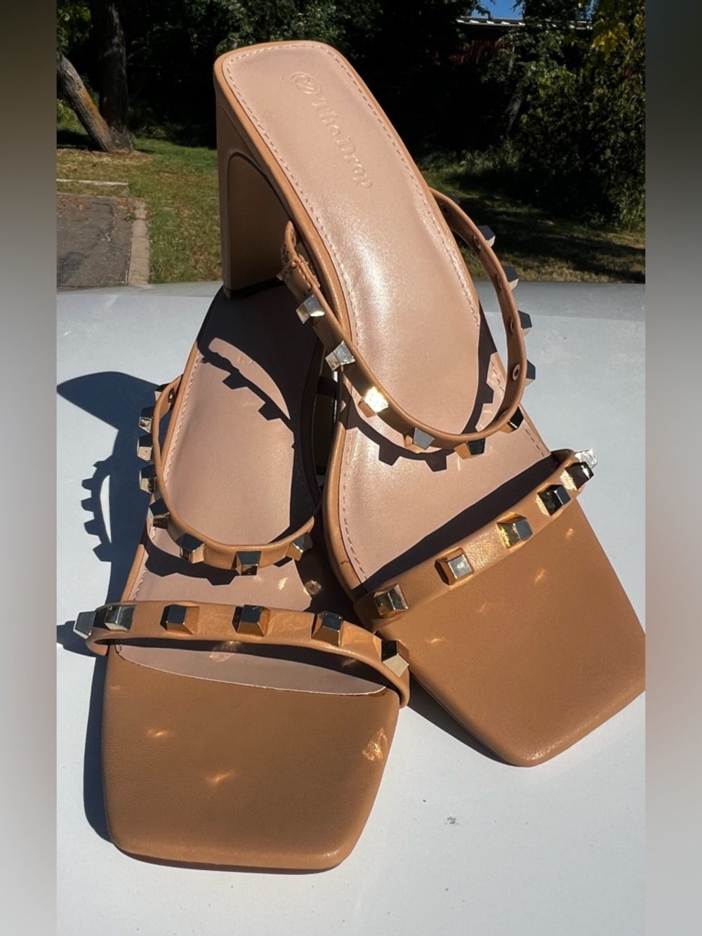The Drop Women’s Every Square Toe Two Strap High Healed Sandal Doe Tan Sz 9 1/2 - Picture 4 of 8